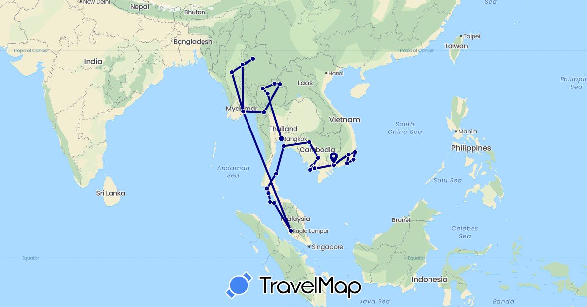TravelMap itinerary: driving in Cambodia, Myanmar (Burma), Malaysia, Thailand, Vietnam (Asia)